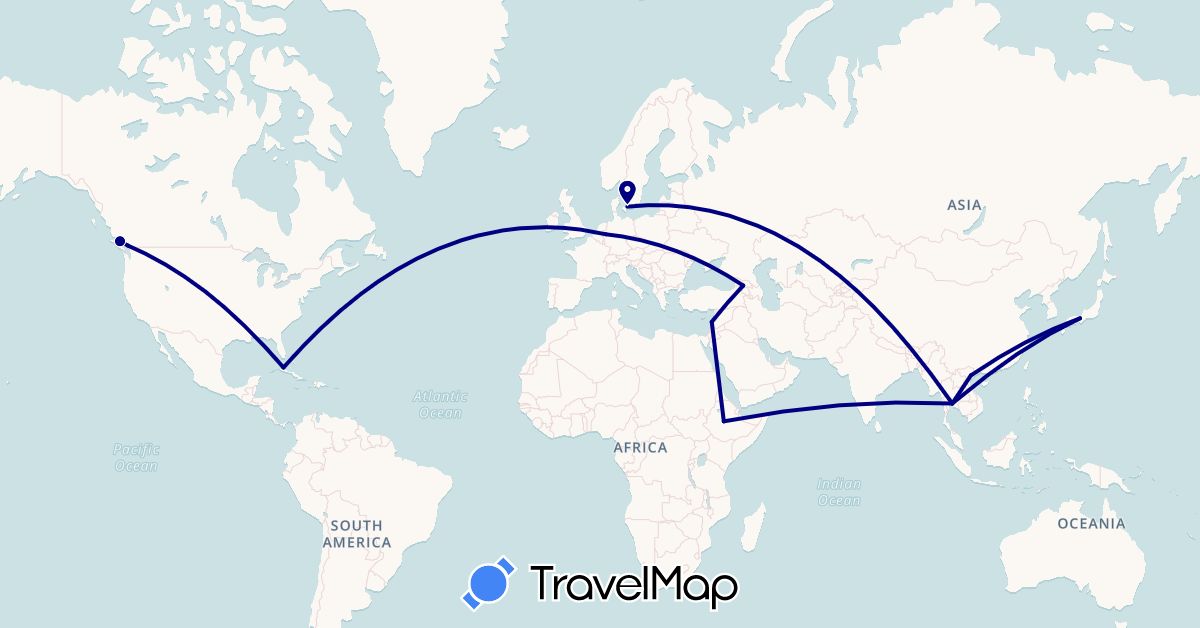 TravelMap itinerary: driving in Canada, Cuba, Germany, Denmark, Ethiopia, Georgia, Japan, Lebanon, Thailand, Vietnam (Africa, Asia, Europe, North America)
